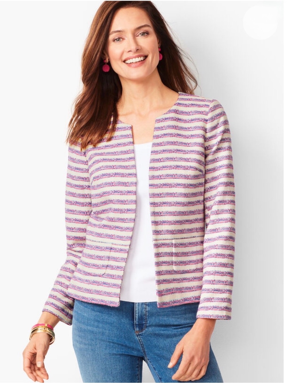 Talbots Women Blazer Striped Tweed Open Front Coastal Grandmillennial Preppy‎